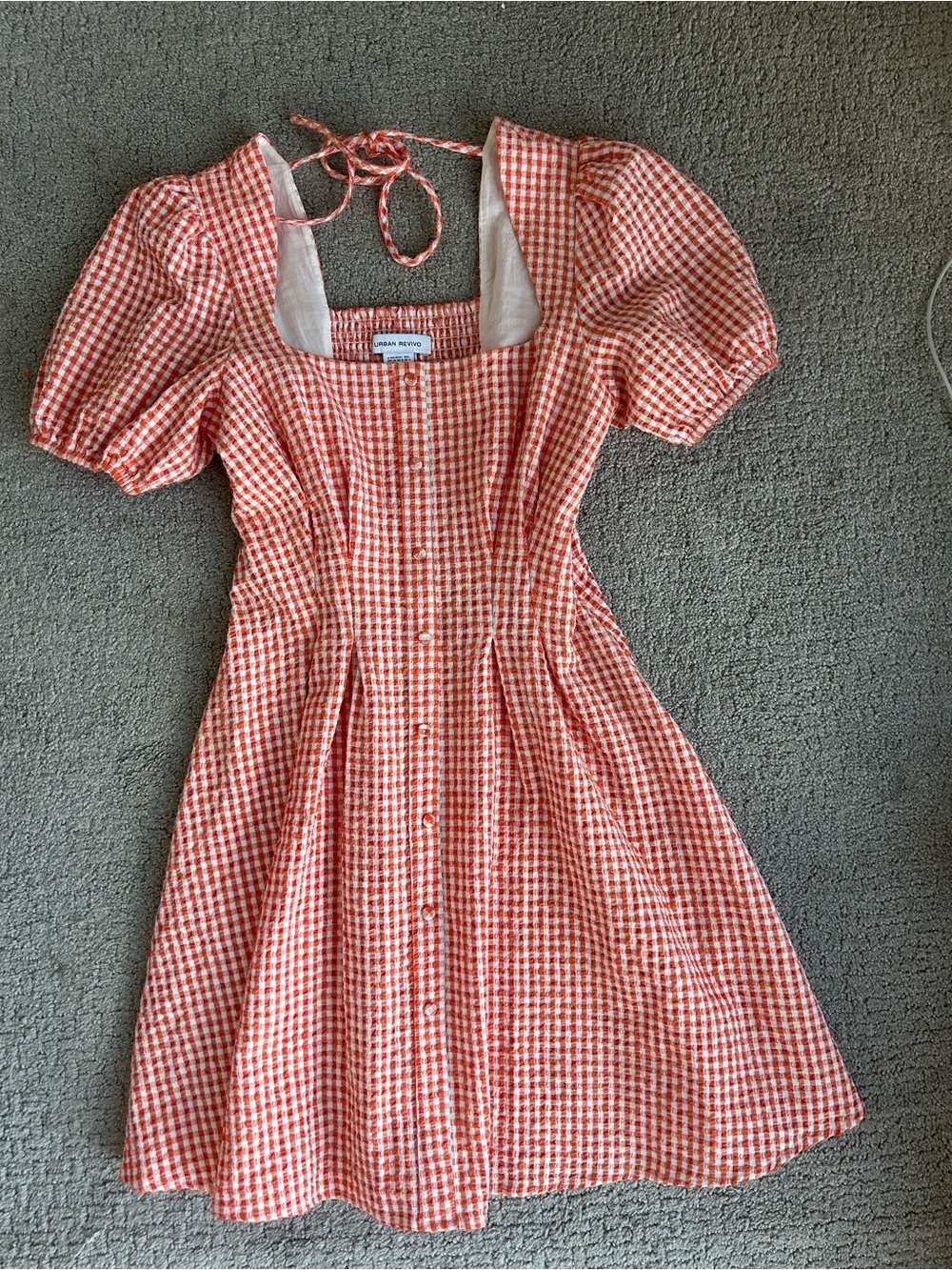 Orange Gingham Puff-Sleeve Dress